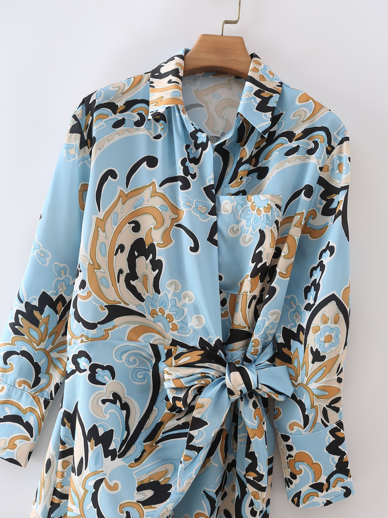 CM-D082352 Women Casual Seoul Style Printed Pocket Tie Wrap Shirt Maxi Dress - Blue