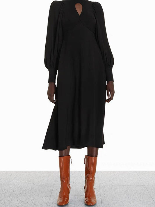 CM-D090947 Women Elegant European Style Hollow Out Long Sleeve Dress - Black