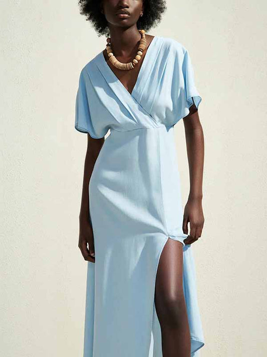 CM-D091120 Women Elegant European Style V-Neck Flare Sleeve Maxi Dress - Light Blue