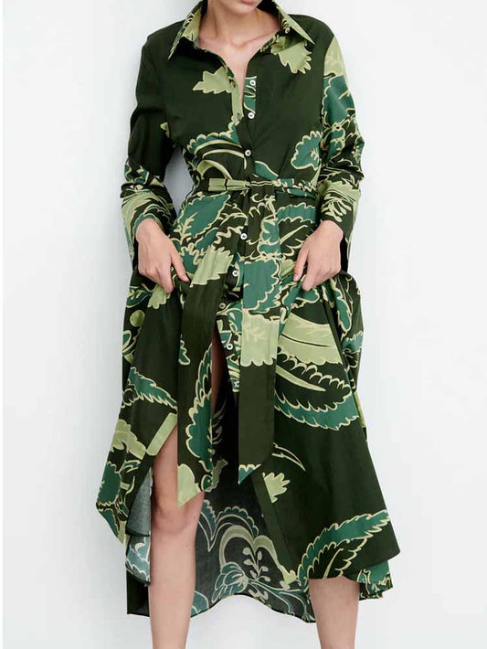 CM-D091128 Women Casual European Style Long Sleeve Tie Wrap Maxi Dress - Green