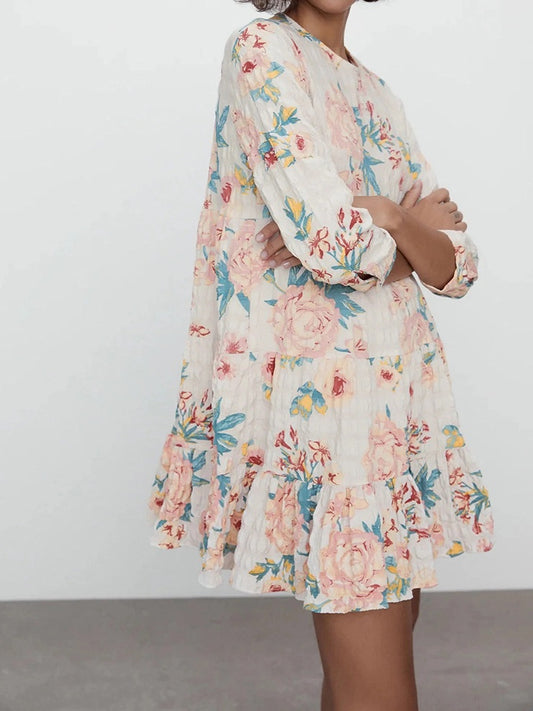 CM-D091429 Women Casual European Style Loose Print Long Sleeve Short Dress
