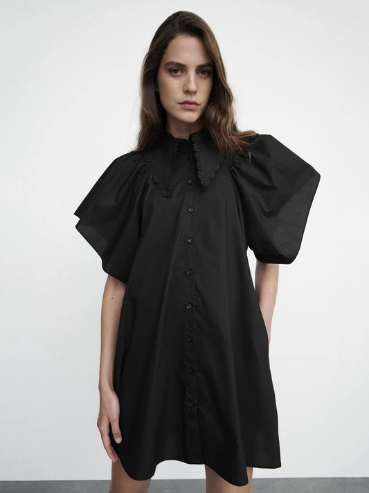 CM-D092437 Women Preppy European Style Short Sleeve Mini Dress - Black