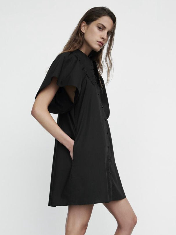 CM-D092437 Women Preppy European Style Short Sleeve Mini Dress - Black