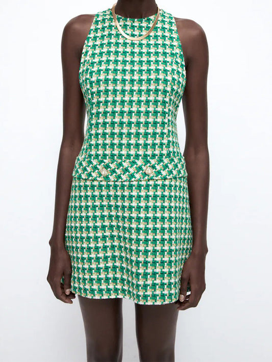 CM-D092439 Women Elegant European Style O-Neck Patch Sleeveless Dress - Green