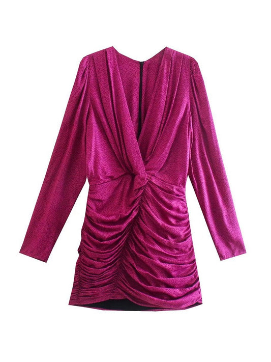 CM-D092538 Women Elegant European Style Deep V-Neck Ruched Long Sleeve Dress