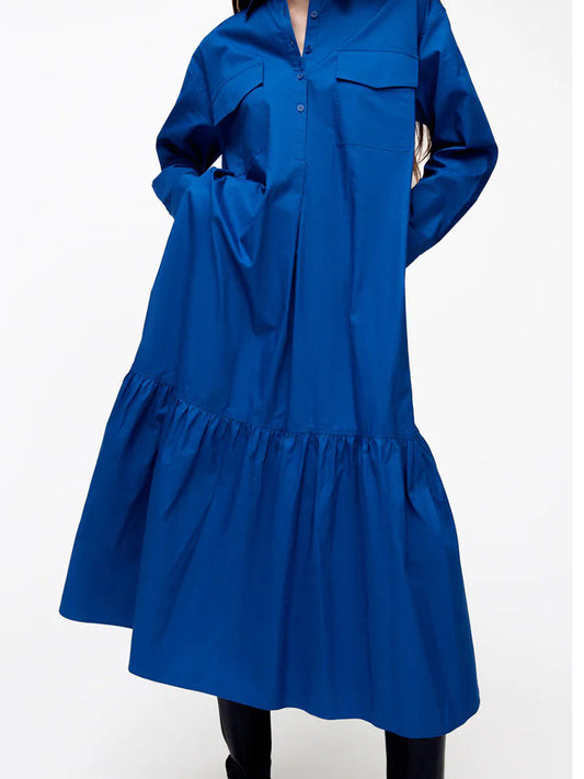 CM-D092710 Women Preppy European Style Loose Solid Single-Breasted Long Sleeve Maxi Dress