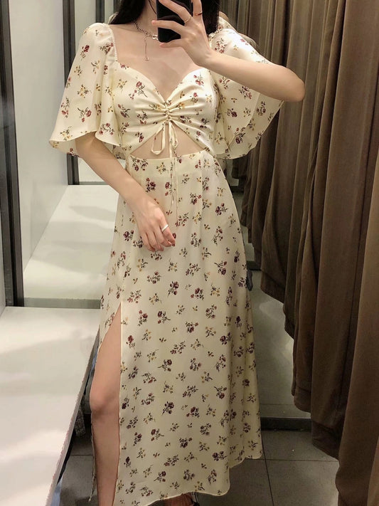 CM-D092815 Women Casual European Style Floral Slit Tie Wrap Maxi Dress - Apricot