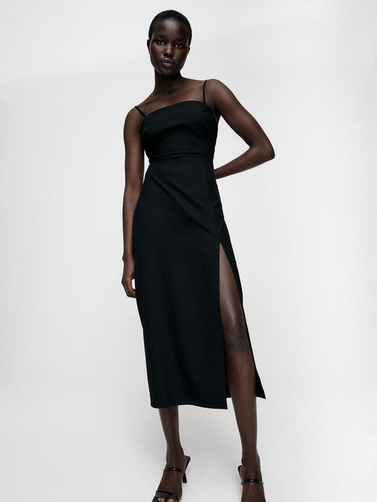 CM-D092831 Women Elegant European Style Versatile Camisole Midi Dress - Black