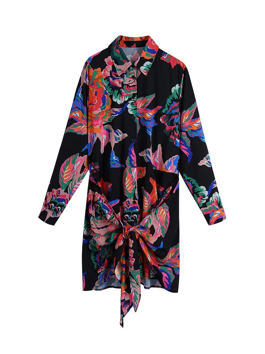 CM-D092917 Women Vintage European Style Print Long Sleeve Shirt Dress - Black