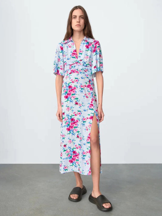 CM-D093031 Women Casual European Style Floral Print Short Sleeve Maxi Dress