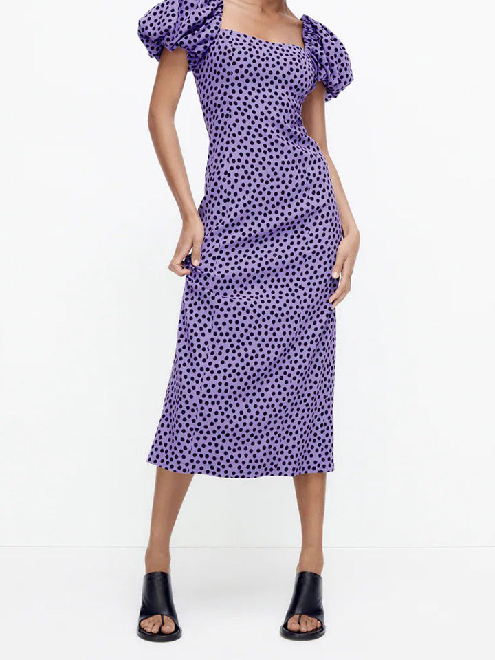 CM-D093016 Women Elegant European Style Puff Sleeve Polka Dots Dress - Purple