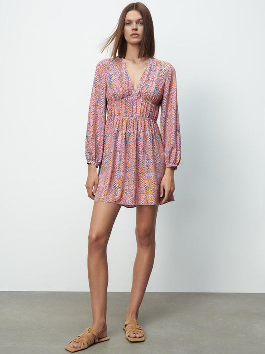 CM-D093014 Women Casual European Style V-Neck Print Long Sleeve Dress - Pink