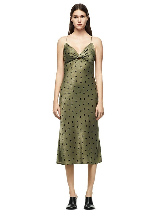 CM-D100918 Women Casual European Style V-Neck Dot Sleeveless Midi Dress - Green