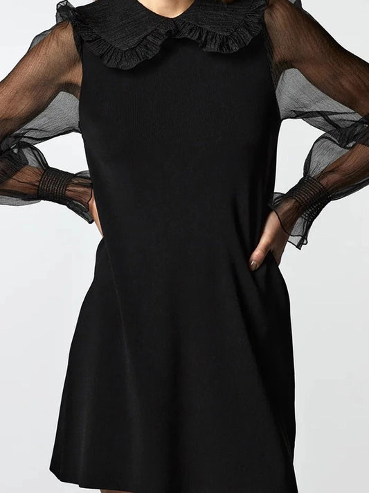 CM-D100936 Women Casual European Style Patchwork Long Sleeve Dress - Black