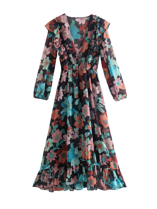 CM-D100958 Women Vintage European Style V-Neck Floral Maxi Dress - Black
