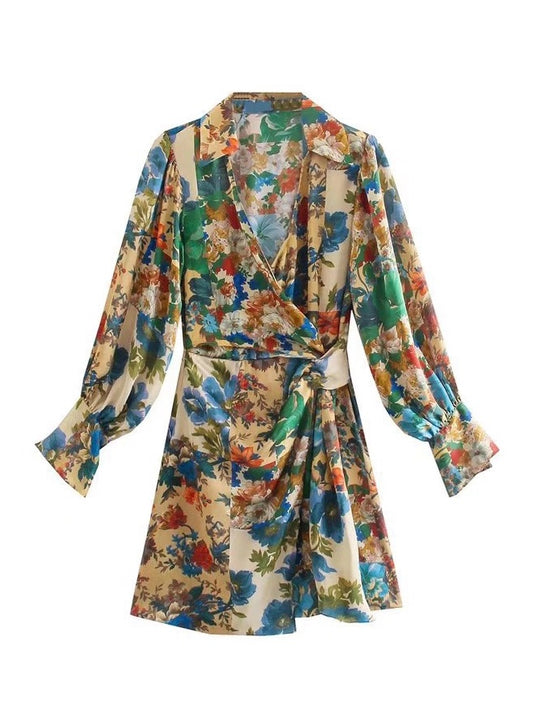 CM-D100960 Women Vintage European Style V-Neck Floral Long Sleeve Shirt Dress