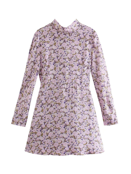 CM-D100962 Women Casual European Style Floral Print Long Sleeve Short Dress - Pink
