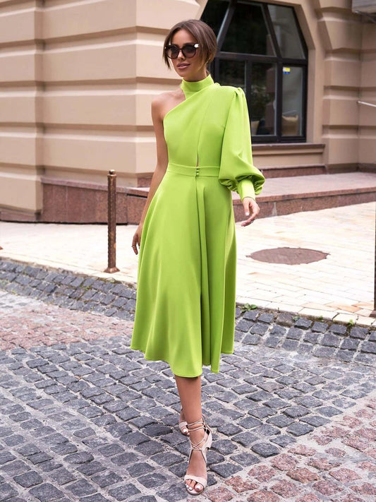 CM-D101412 Women Elegant European Style One Shoulder Maxi Dress - Green