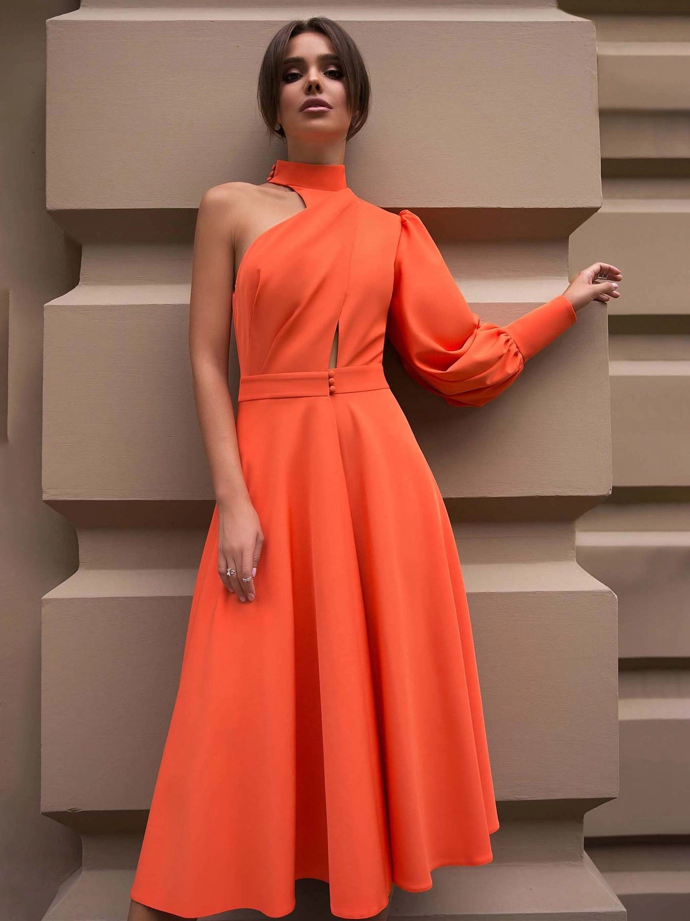 CM-D101412 Women Elegant European Style One Shoulder Maxi Dress - Orange