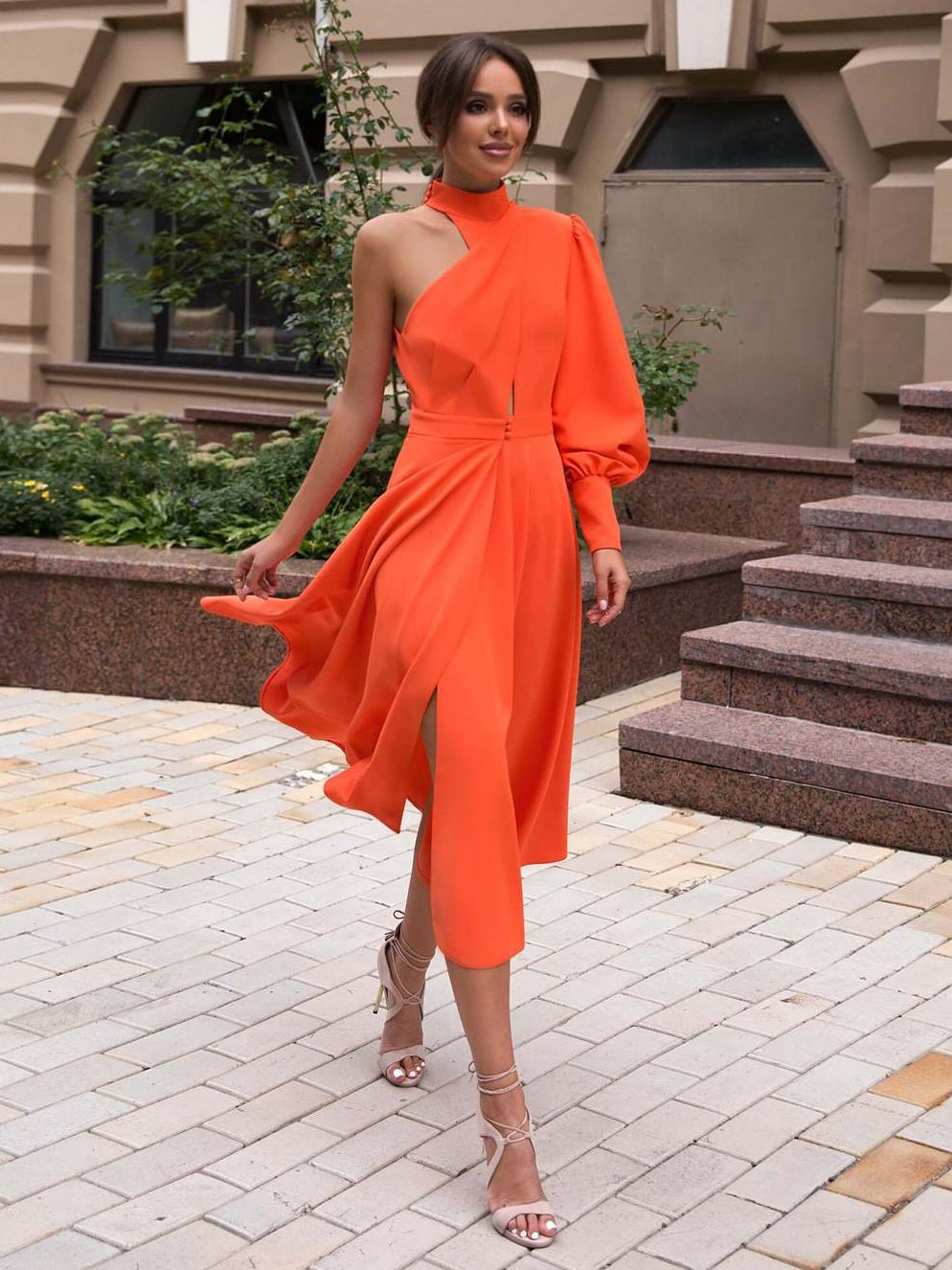 CM-D101412 Women Elegant European Style One Shoulder Maxi Dress - Orange