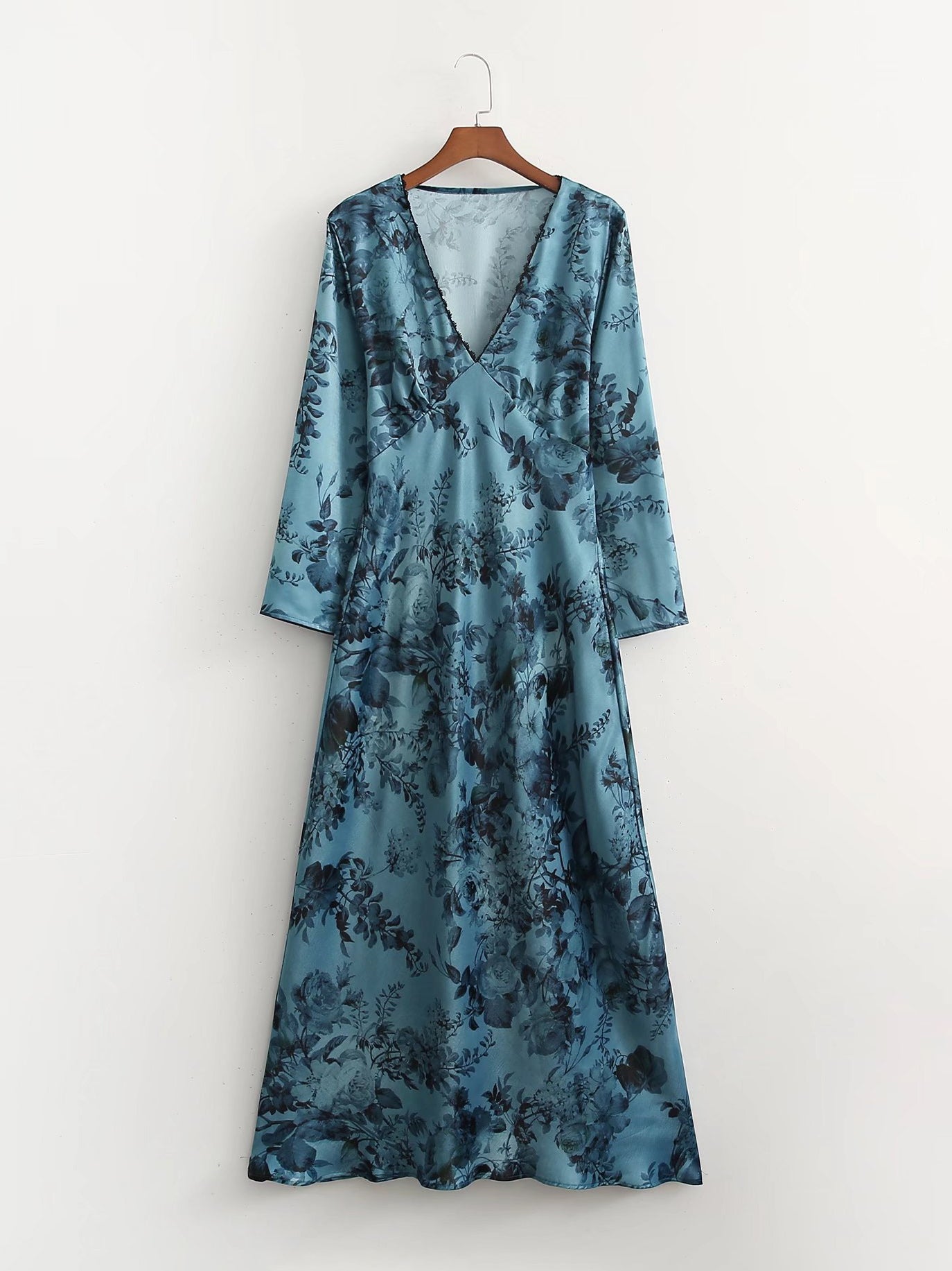CM-D101537 Women Casual European Style V-Neck 3/4 Sleeve Maxi Dress - Blue