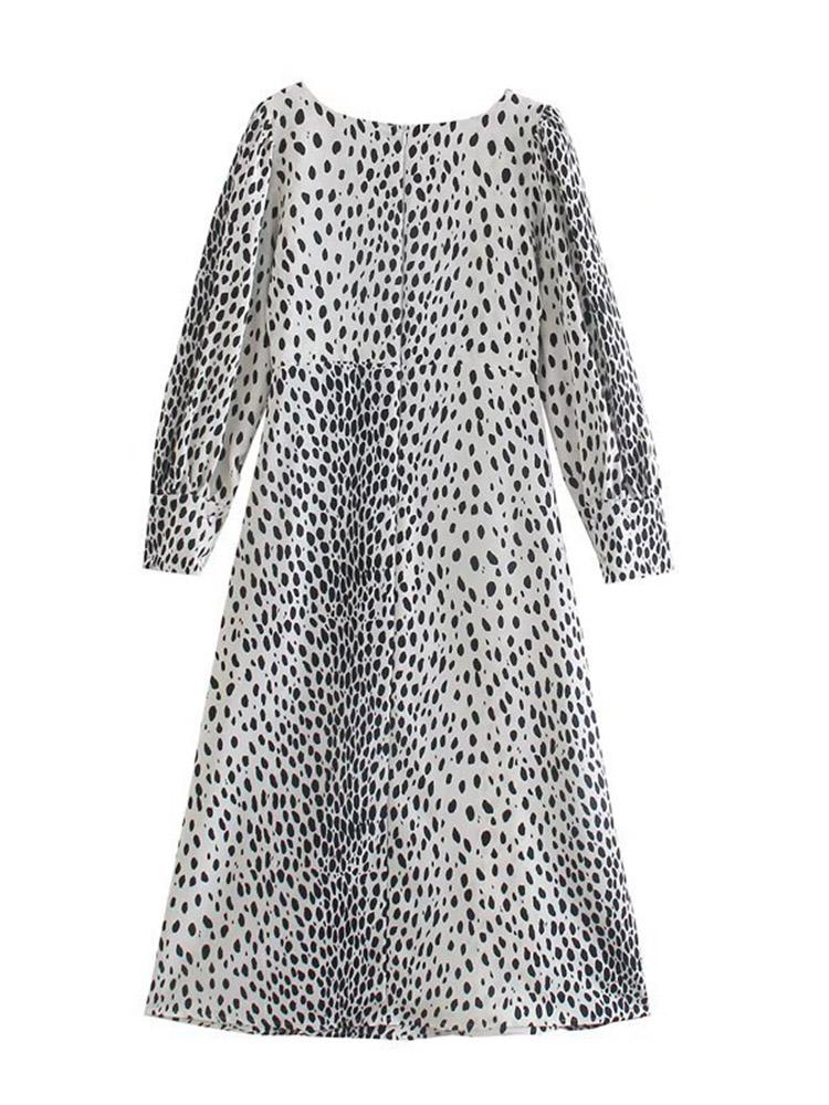 CM-D121417 Women Elegant European Style Scoop Neck Dots Long Sleeve Midi Dress