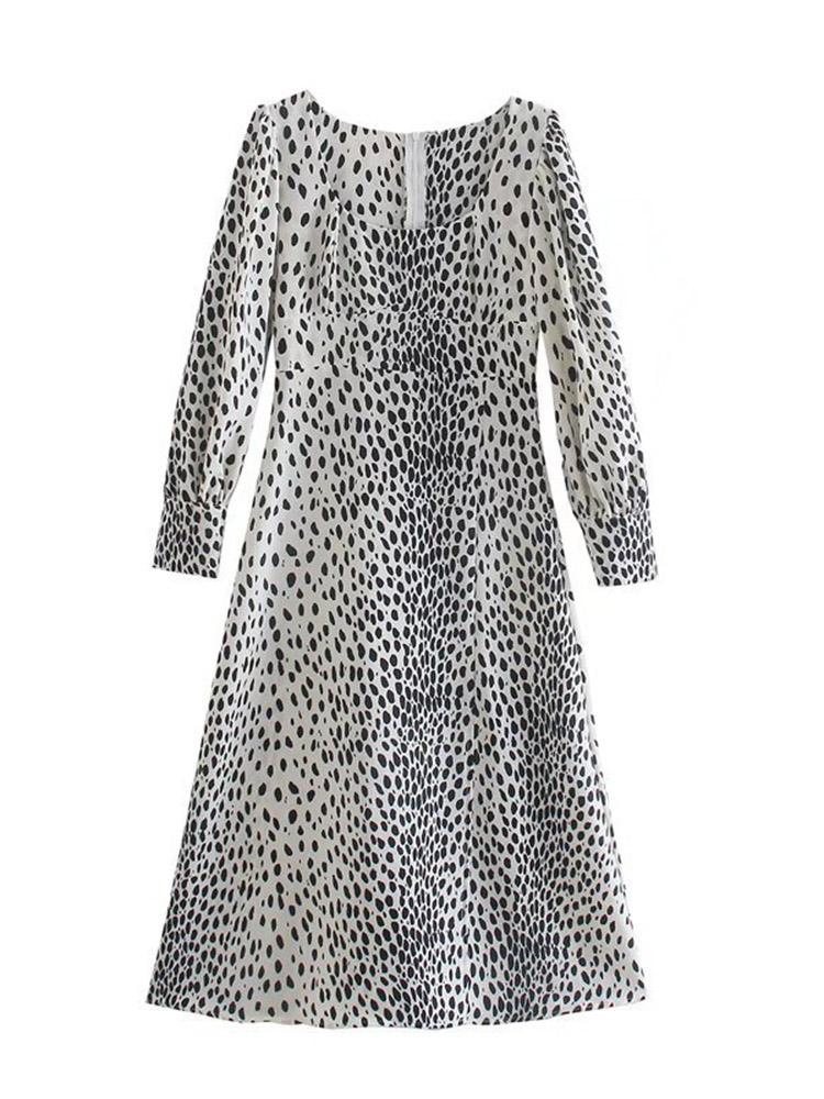 CM-D121417 Women Elegant European Style Scoop Neck Dots Long Sleeve Midi Dress