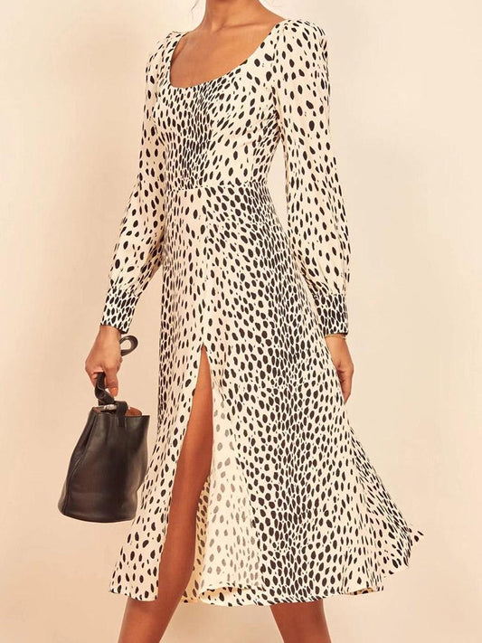 CM-D121417 Women Elegant European Style Scoop Neck Dots Long Sleeve Midi Dress