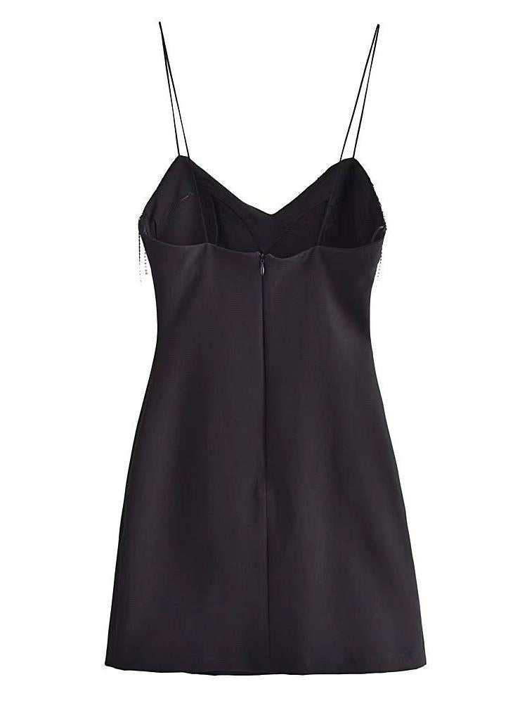 CM-D121636 Women Elegant European Style Tassel Patchwork V-Neck Camisole Mini Dress