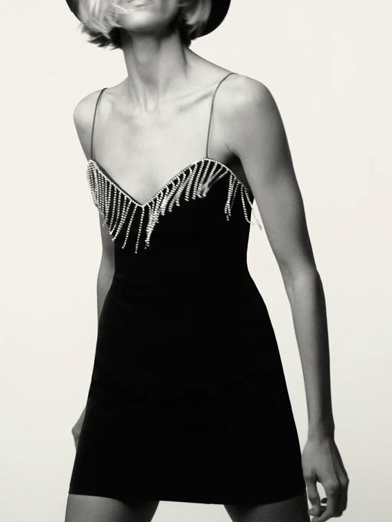 CM-D121636 Women Elegant European Style Tassel Patchwork V-Neck Camisole Mini Dress
