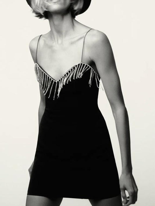 CM-D121636 Women Elegant European Style Tassel Patchwork V-Neck Camisole Mini Dress