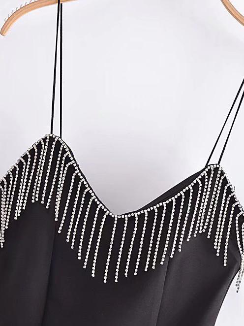 CM-D121636 Women Elegant European Style Tassel Patchwork V-Neck Camisole Mini Dress