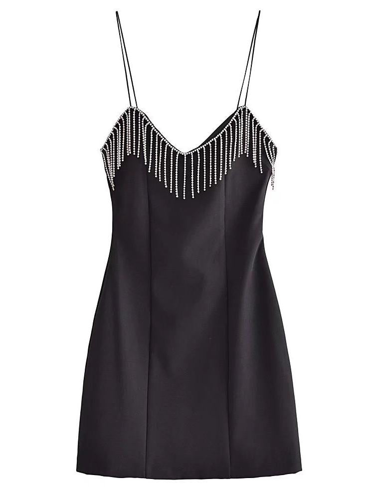 CM-D121636 Women Elegant European Style Tassel Patchwork V-Neck Camisole Mini Dress