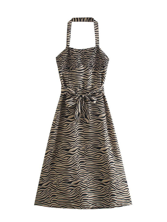 CM-D122243 Women Trendy Bohemian Style Zebra Print Halter Sleeveless Dress - Brown