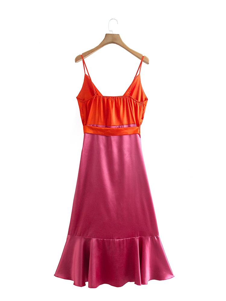 CM-D122256 Women Elegant European Style Contrast Color Patchwork Ruffle Sleeveless Dress