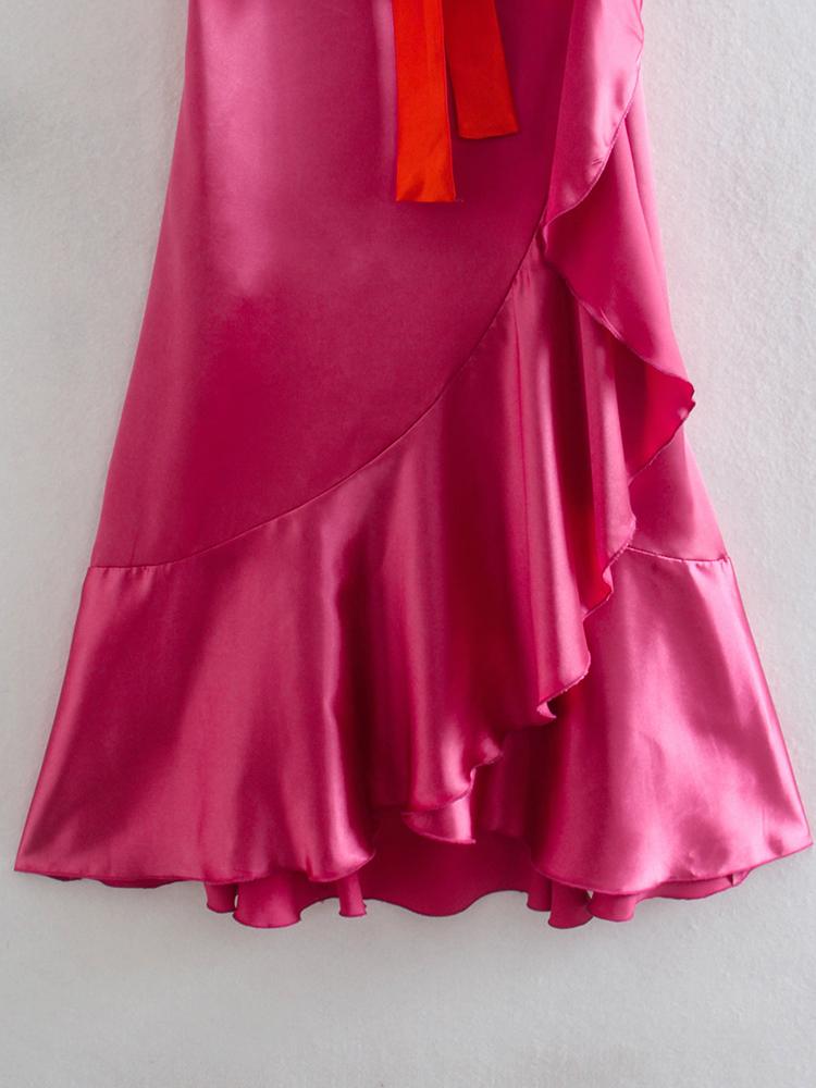 CM-D122256 Women Elegant European Style Contrast Color Patchwork Ruffle Sleeveless Dress