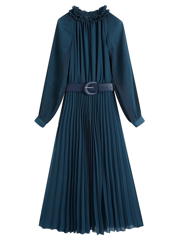 CM-D122345 Women Casual European Style Loose Pleated Long Sleeve Maxi Dress