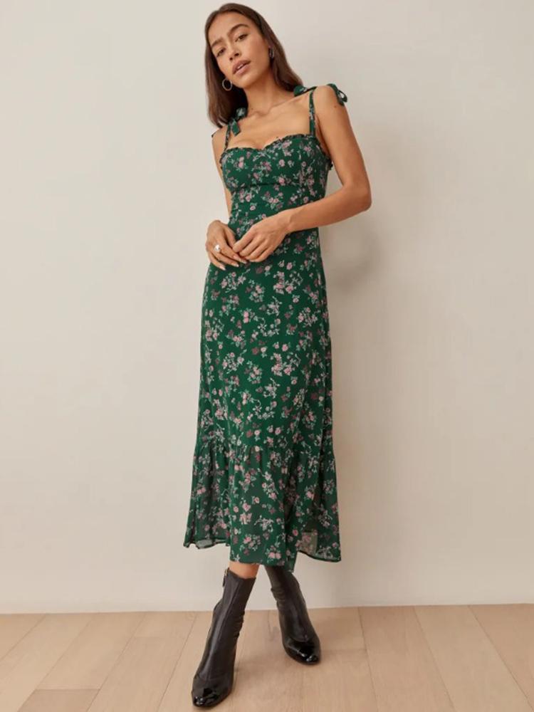 CM-D122379 Women Casual European Style Floral Printed Camisole Dress - Green