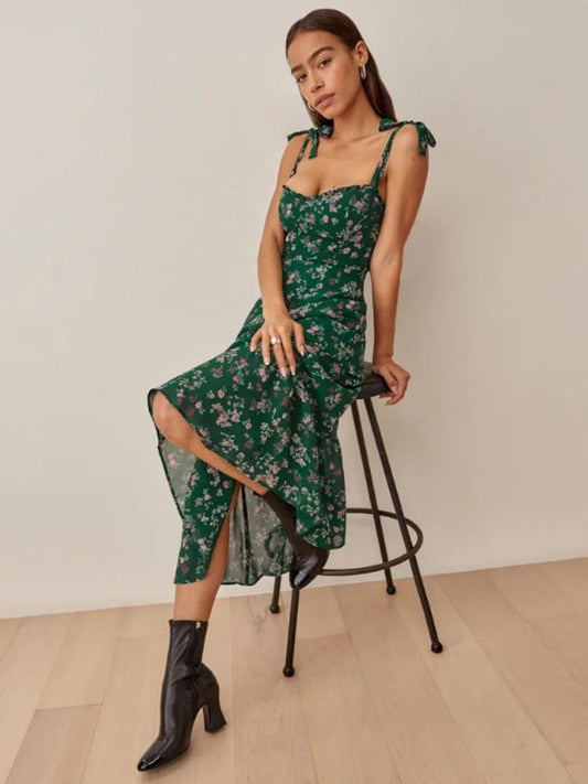 CM-D122379 Women Casual European Style Floral Printed Camisole Dress - Green