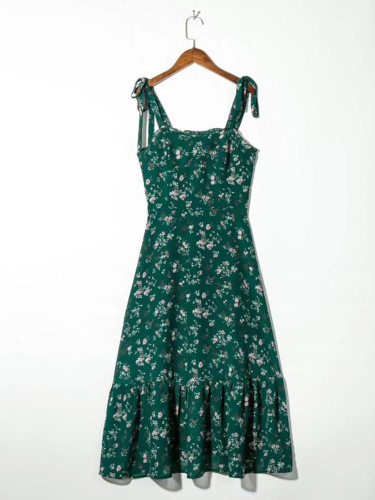 CM-D122379 Women Casual European Style Floral Printed Camisole Dress - Green