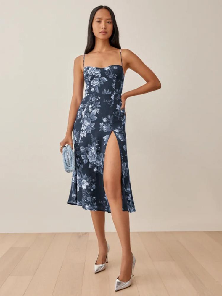 CM-D122377 Women Casual European Style Floral Printed Camisole Dress - Navy Blue