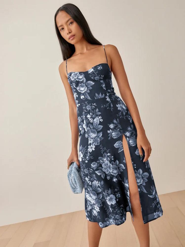 CM-D122377 Women Casual European Style Floral Printed Camisole Dress - Navy Blue