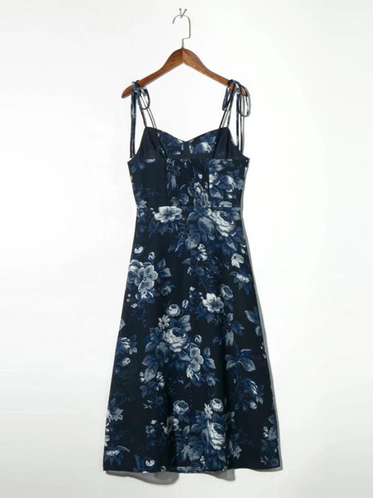 CM-D122377 Women Casual European Style Floral Printed Camisole Dress - Navy Blue