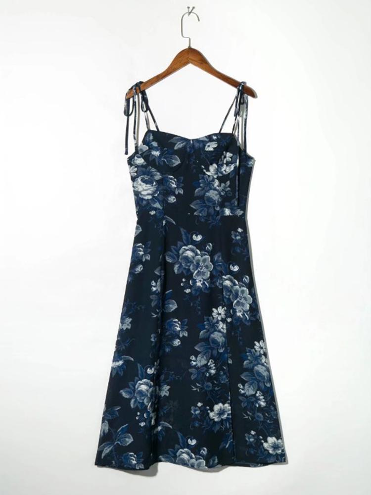 CM-D122377 Women Casual European Style Floral Printed Camisole Dress - Navy Blue