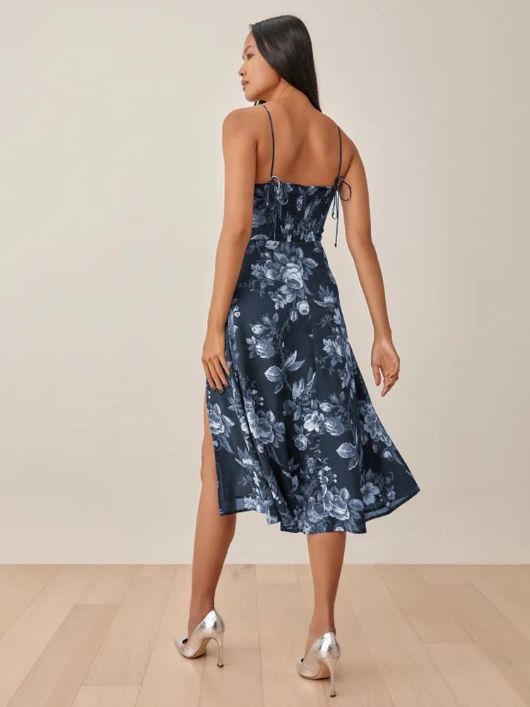 CM-D122377 Women Casual European Style Floral Printed Camisole Dress - Navy Blue