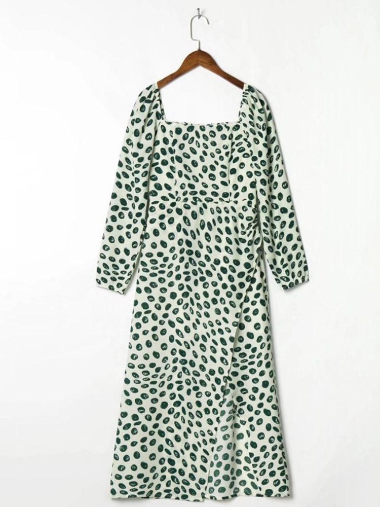CM-D122335 Women Casual European Style Printed Slit Long Sleeve Dress - Green