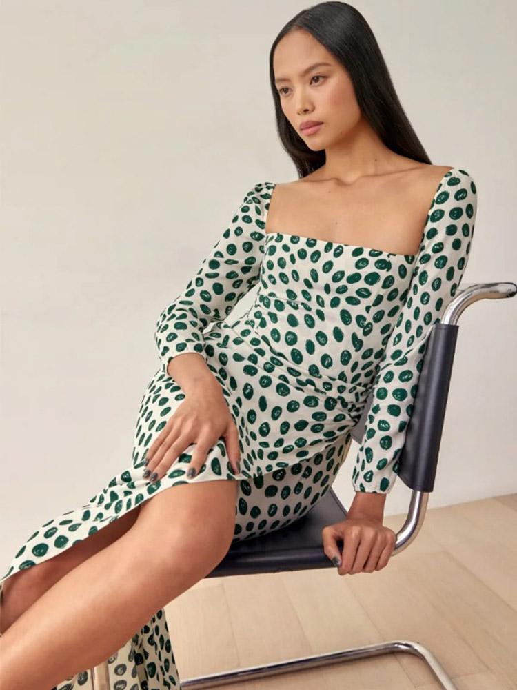 CM-D122335 Women Casual European Style Printed Slit Long Sleeve Dress - Green