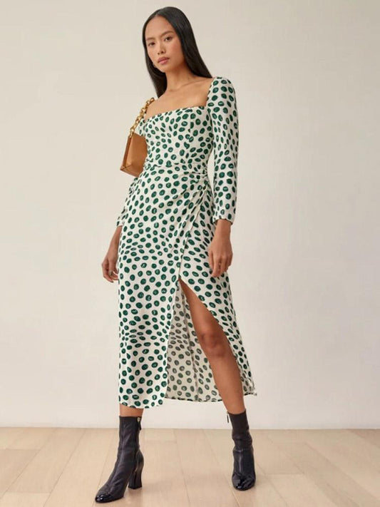 CM-D122335 Women Casual European Style Printed Slit Long Sleeve Dress - Green