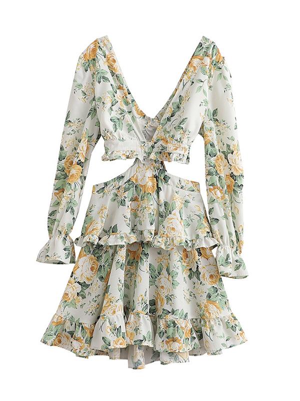 CM-D122446 Women Trendy Bohemian Style Patchwork Floral Ruffles Long Sleeve Dress