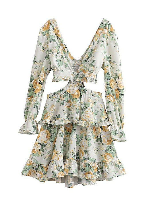 CM-D122446 Women Trendy Bohemian Style Patchwork Floral Ruffles Long Sleeve Dress